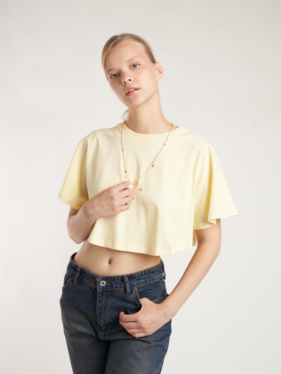 Geniş Kol Crop Model T-shirt Sarı