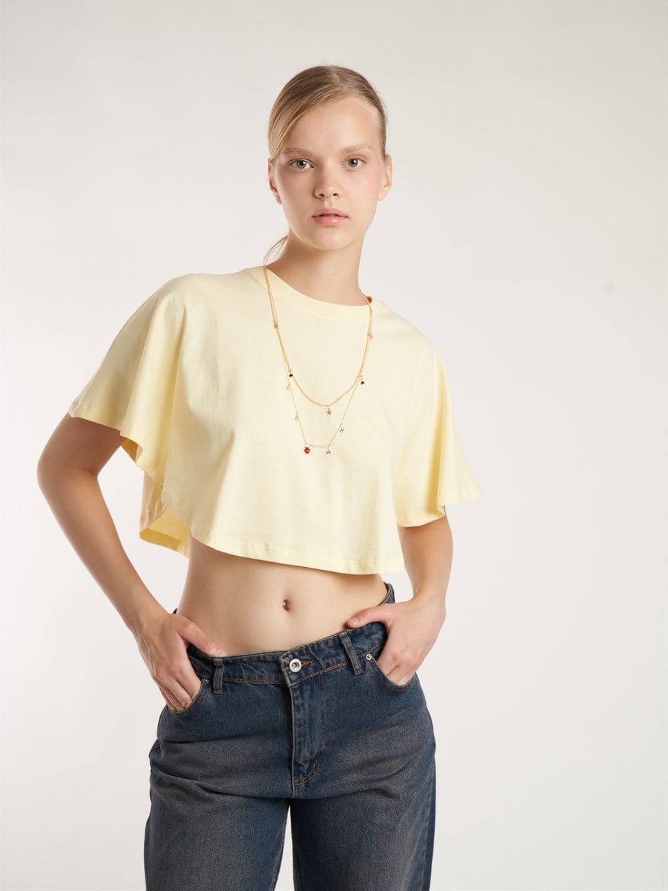Geniş Kol Crop Model T-shirt Sarı