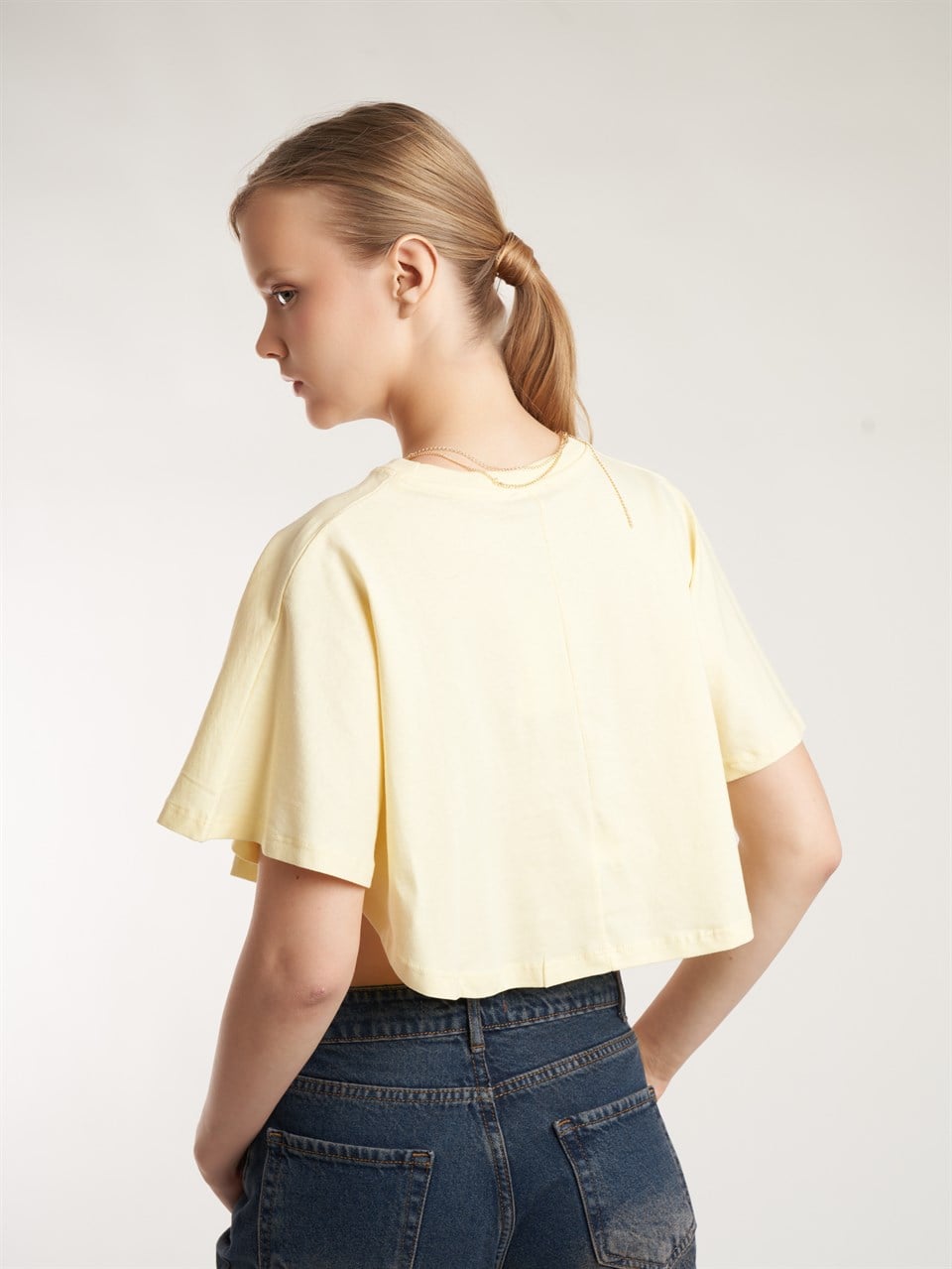 Geniş Kol Crop Model T-shirt Sarı