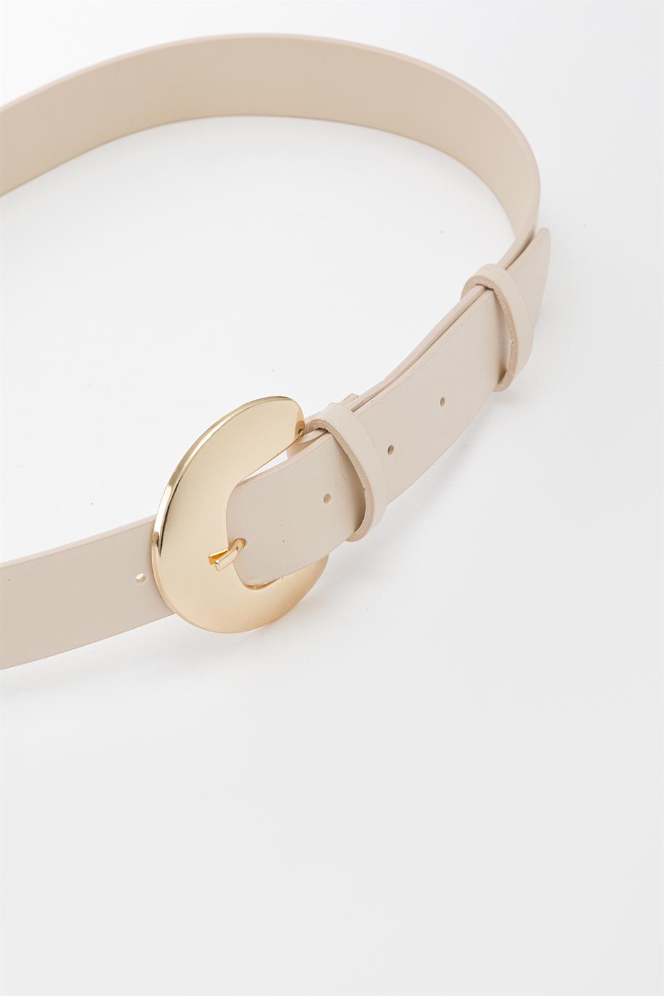 Geniş Oval Gold Tokalı Kemer Ekru