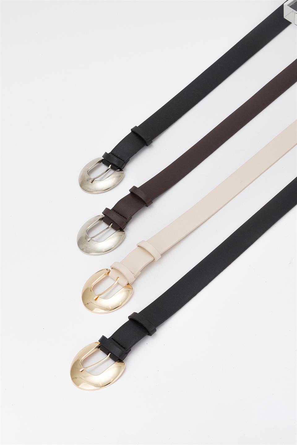 Geniş Oval Gold Tokalı Kemer Ekru