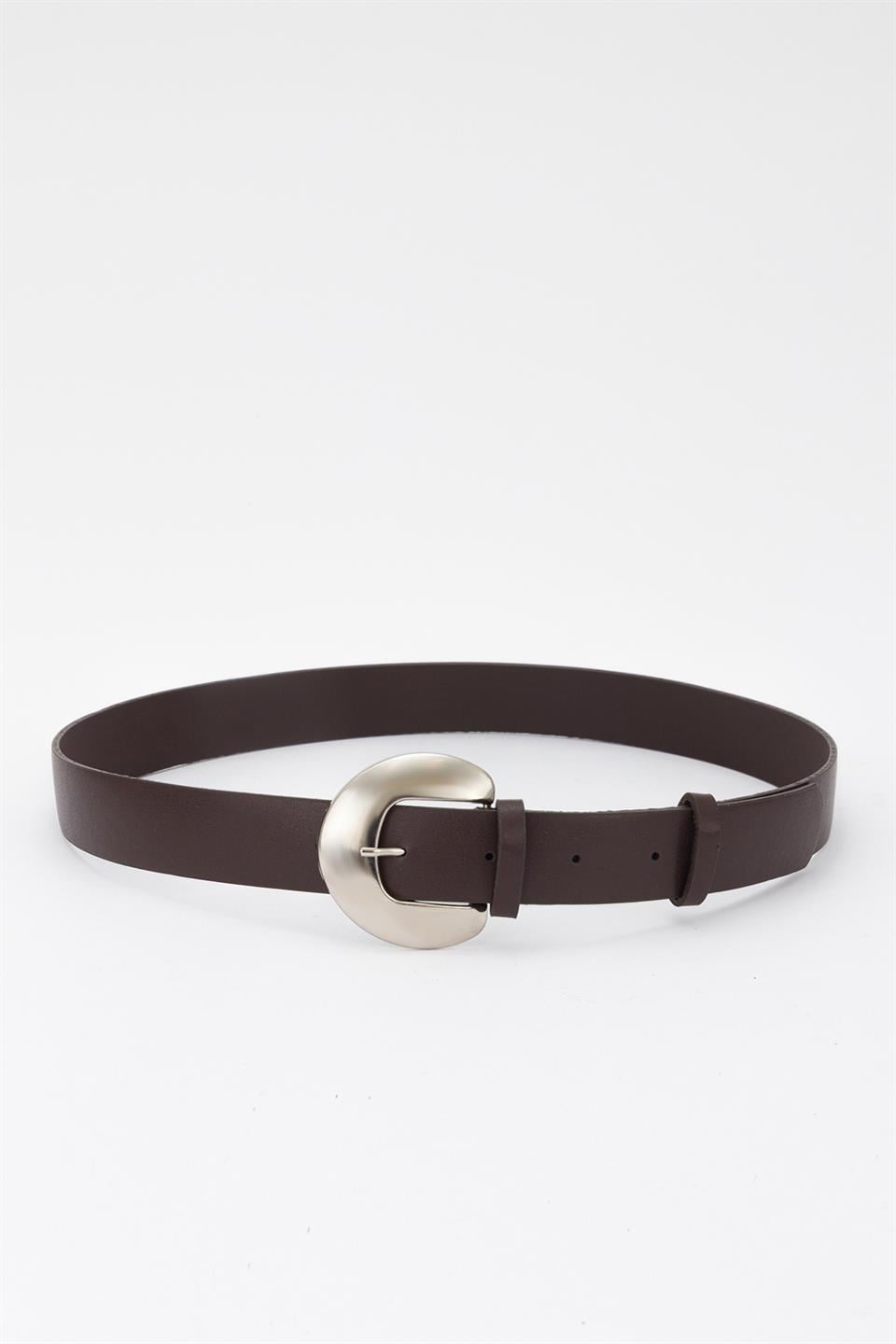 Geniş Oval Silver Tokalı Kemer Kahve