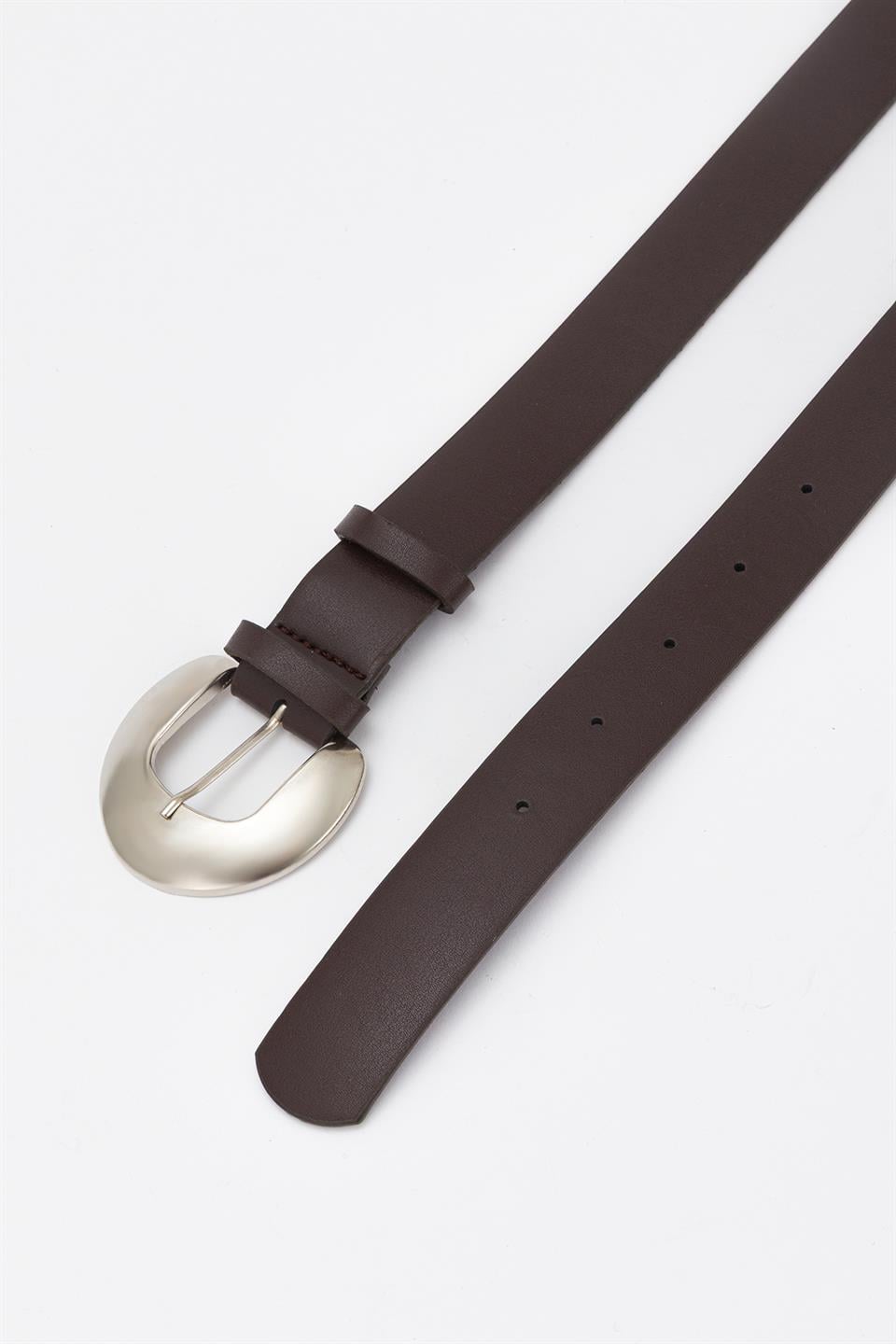 Geniş Oval Silver Tokalı Kemer Kahve