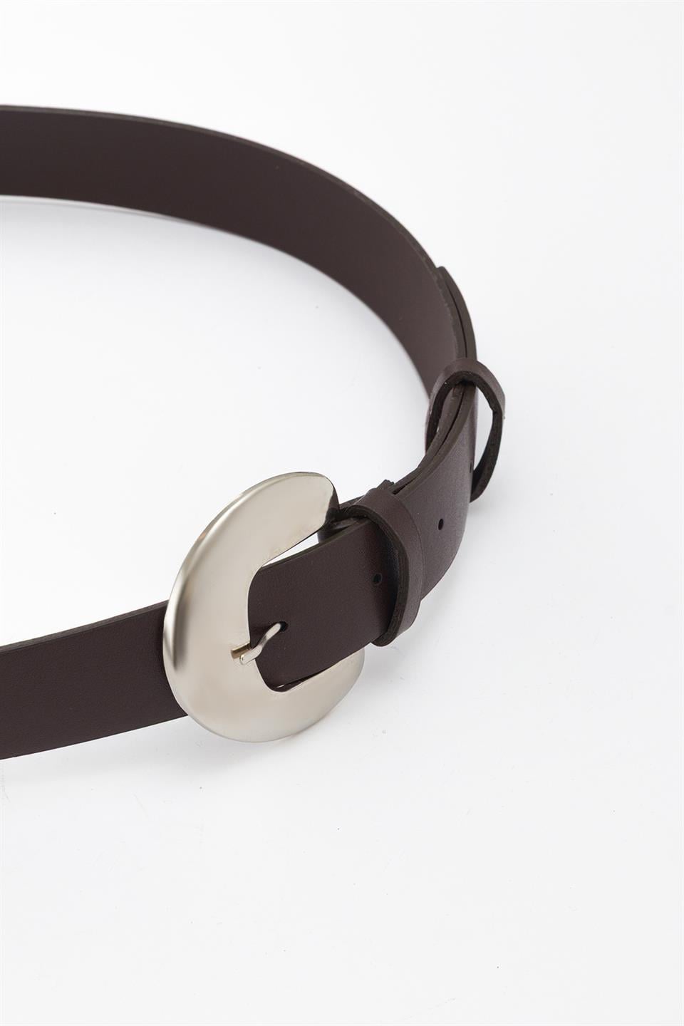 Geniş Oval Silver Tokalı Kemer Kahve