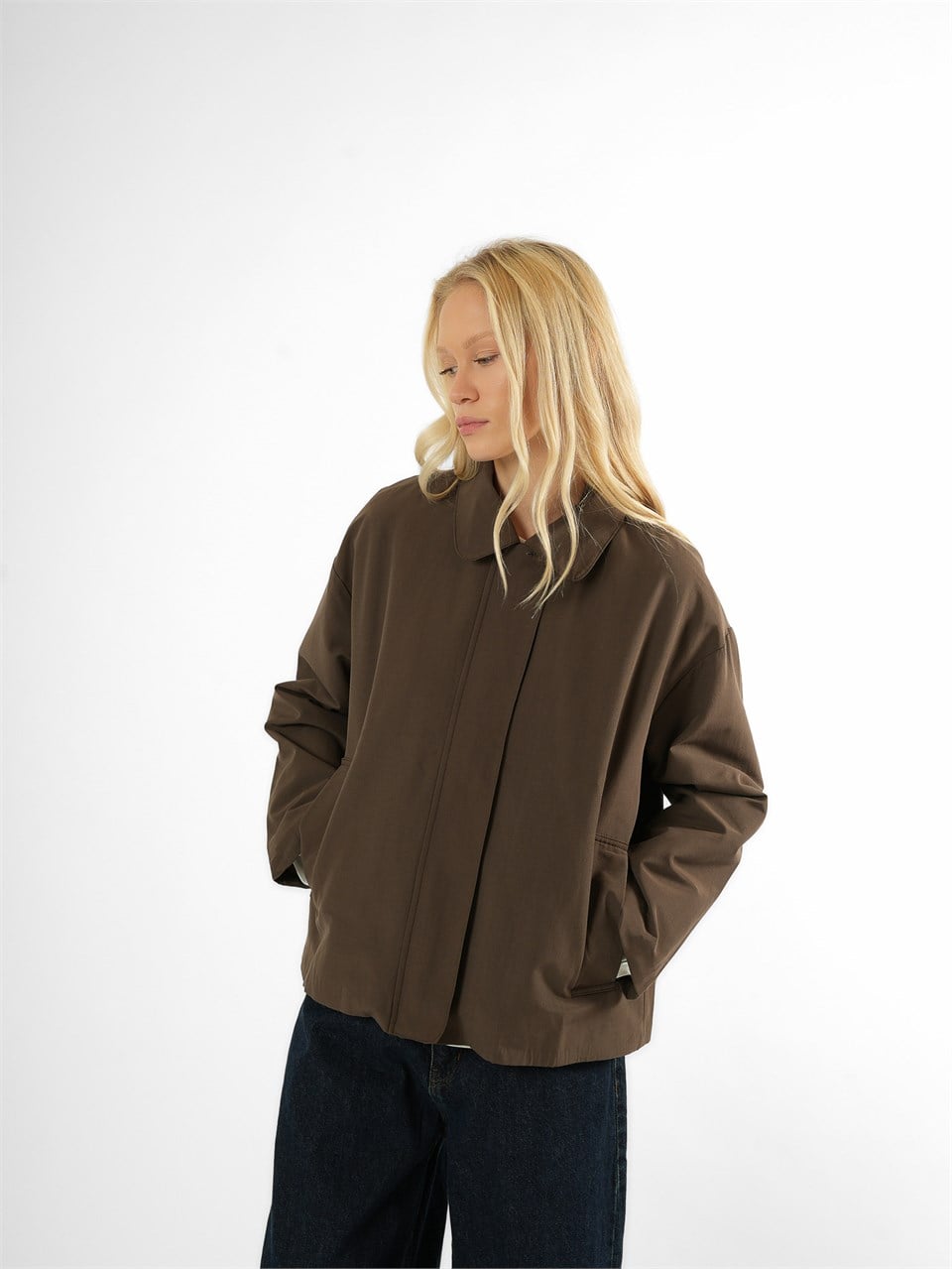 Gizli Fermuar Kısa Trençkot Acı Kahve