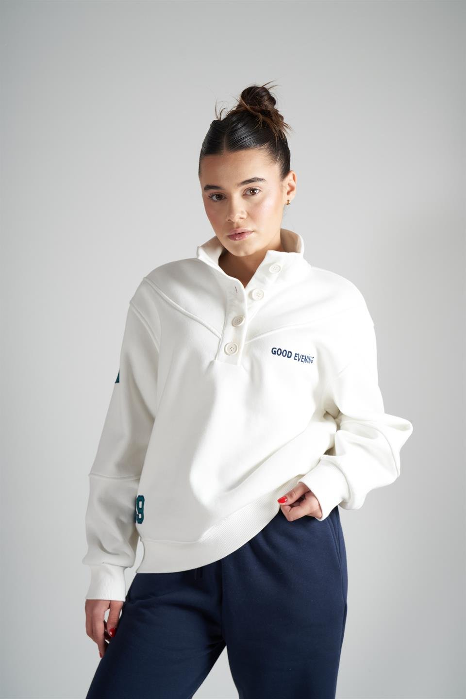 Good Evening Baskılı Şardonlu Sweatshirt Ekru