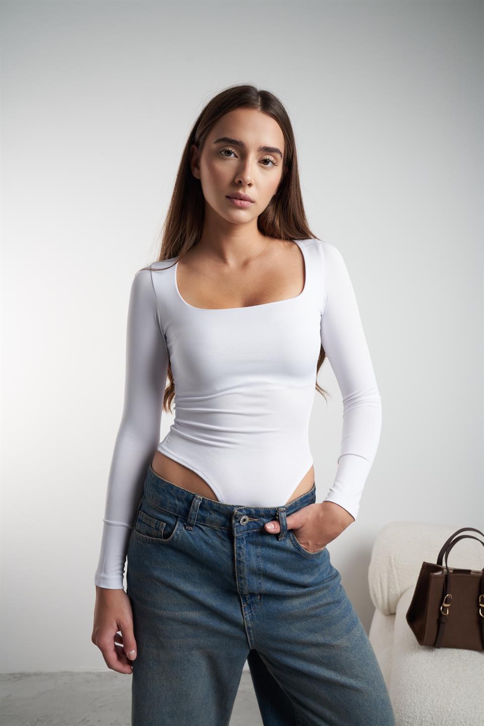 H Yaka Basic Bodysuit Beyaz