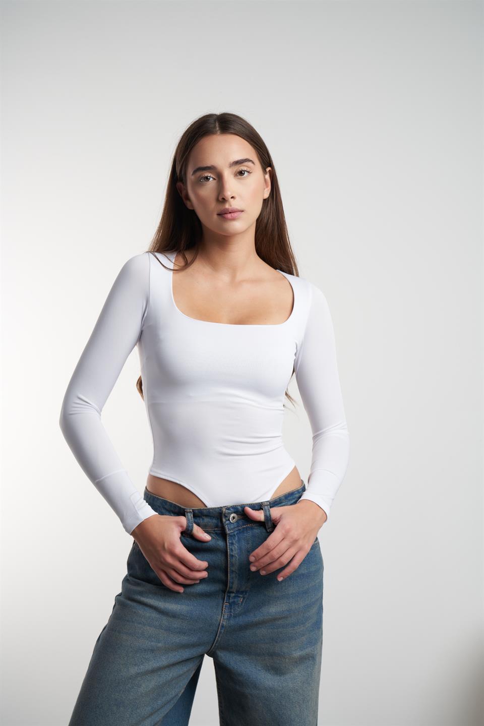 H Yaka Basic Bodysuit Beyaz