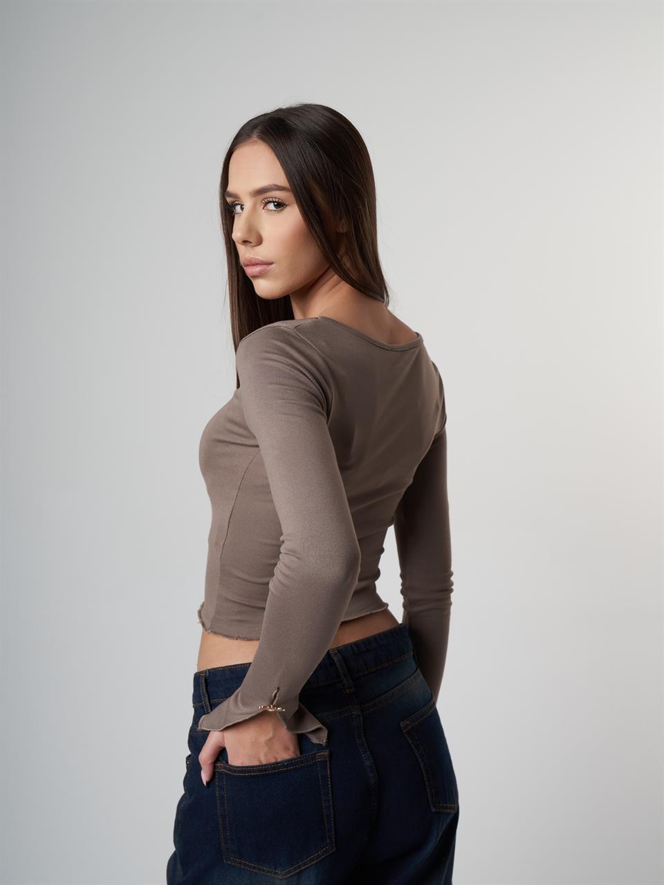 H Yaka Uzun Kol Crop Bluz Vizon