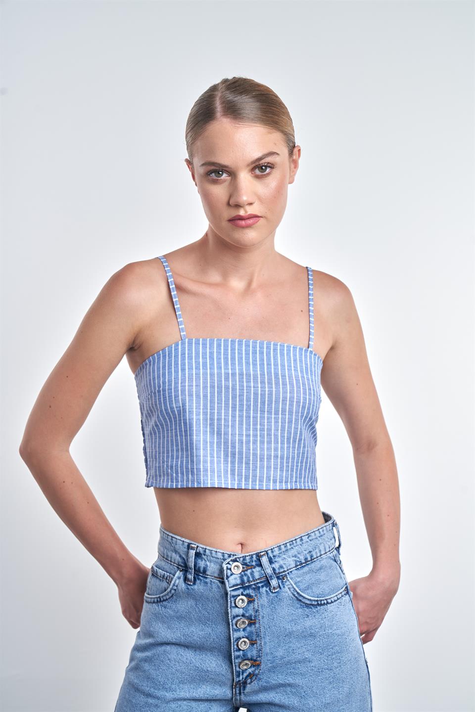 İp Askılı Çizgili Crop Mavi