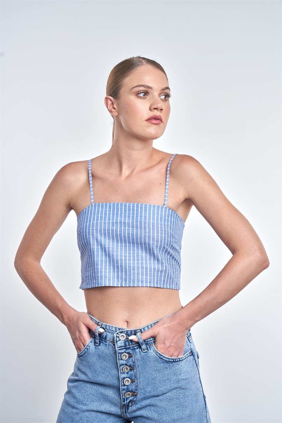 İp Askılı Çizgili Crop Mavi