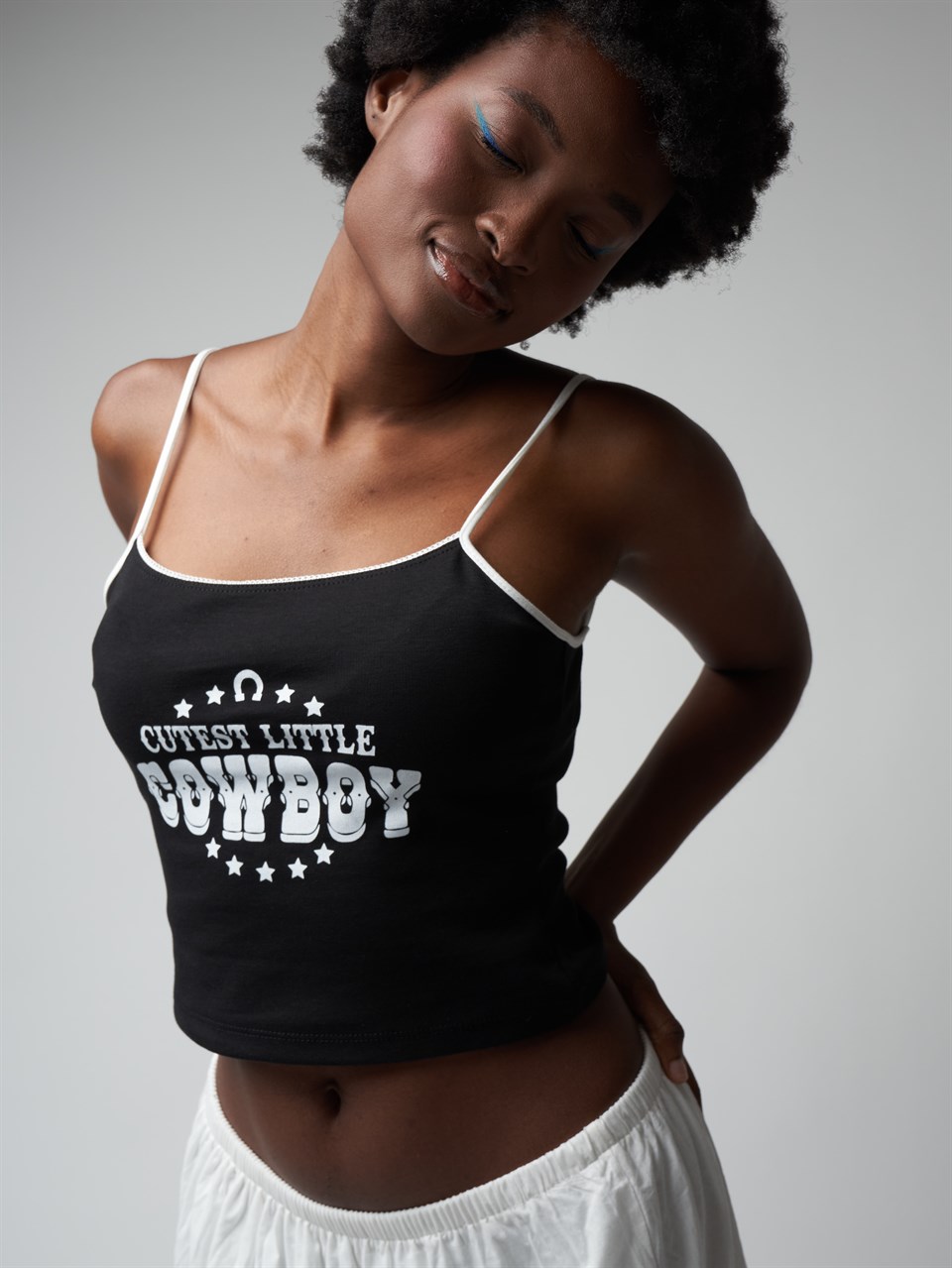 İp Askılı Crop Bluz Siyah
