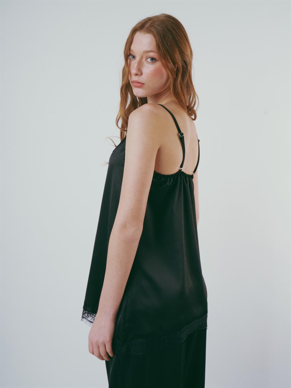 İp Askılı Saten Bluz Siyah