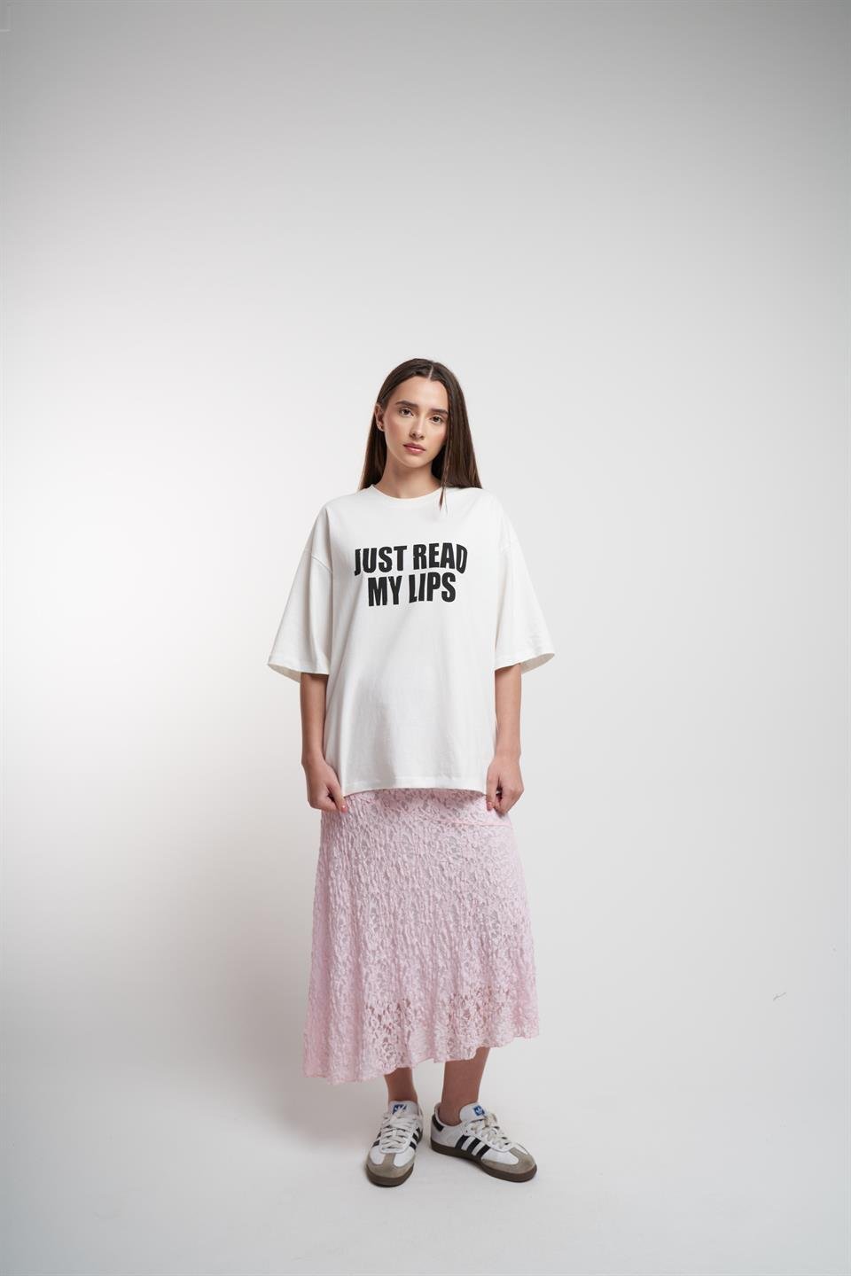 Just Read My Lips Baskılı Oversize Kısa Kol T-shirt Ekru