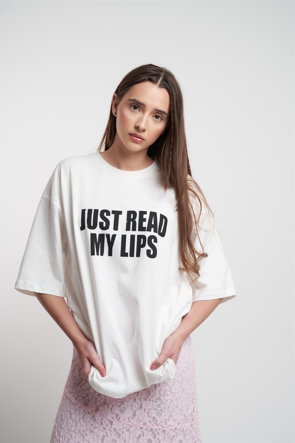 Just Read My Lips Baskılı Oversize Kısa Kol T-shirt Ekru