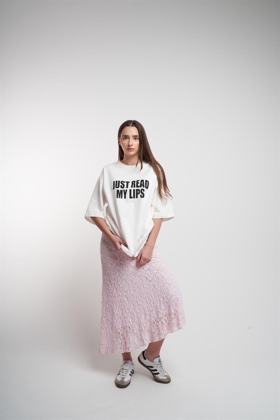Just Read My Lips Baskılı Oversize Kısa Kol T-shirt Ekru
