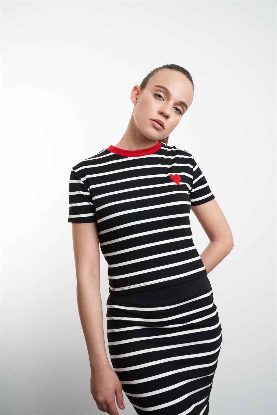 Kalp Nakış Baskılı Çizgili Kısa T-shirt Siyah-Beyaz