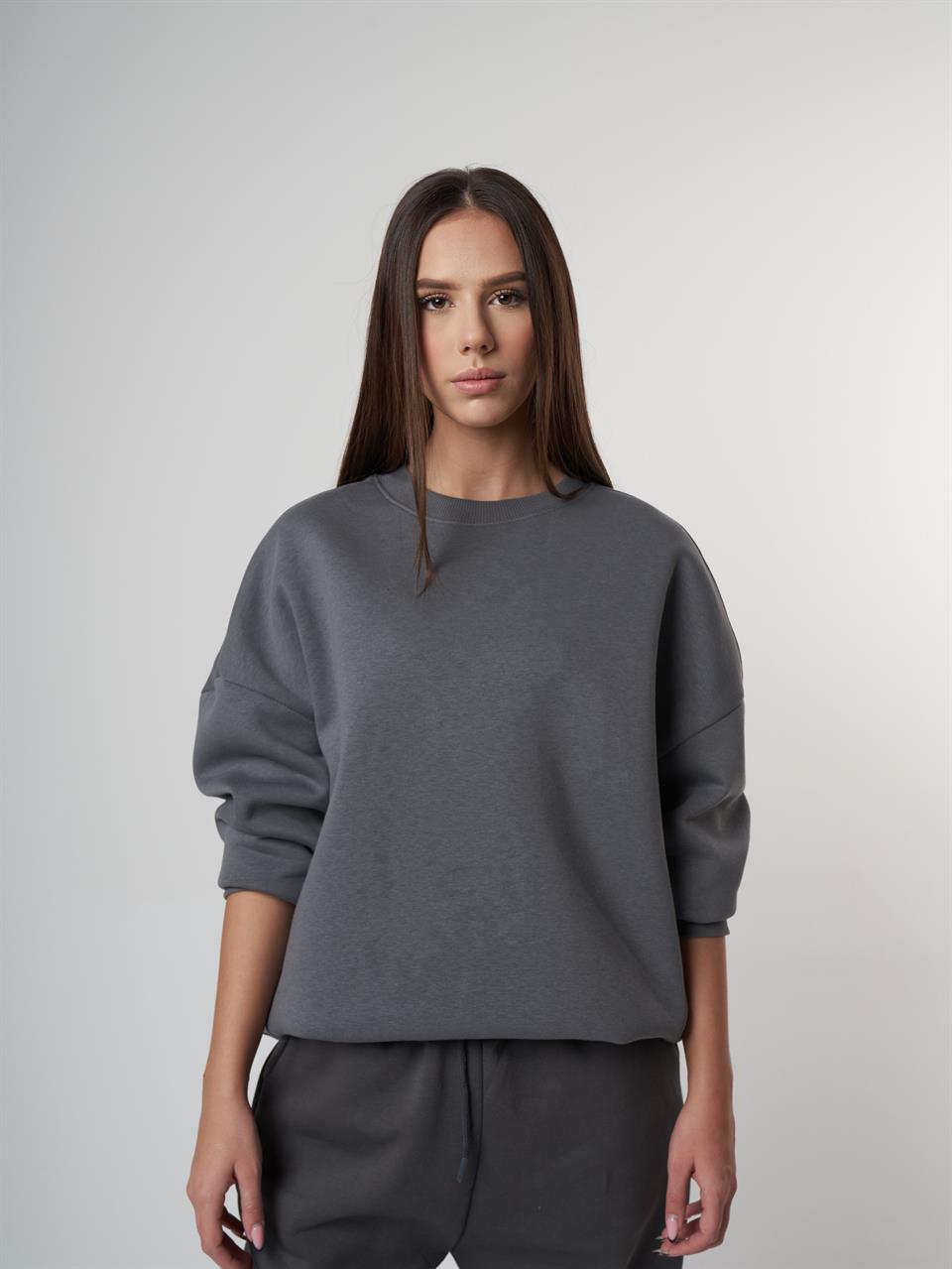 Kalp Nakış Detaylı Şardonlu Sweatshirt Koyu Gri