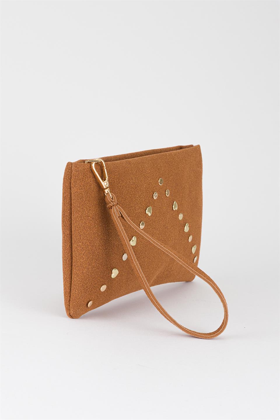 Kalp Troklu Clutch Çanta Taba