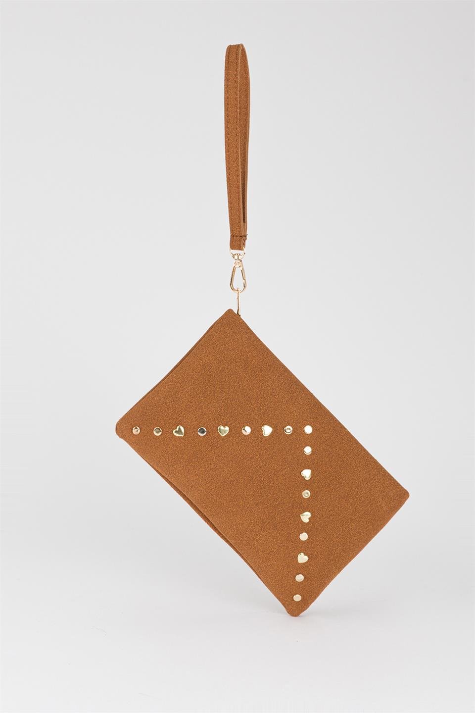 Kalp Troklu Clutch Çanta Taba