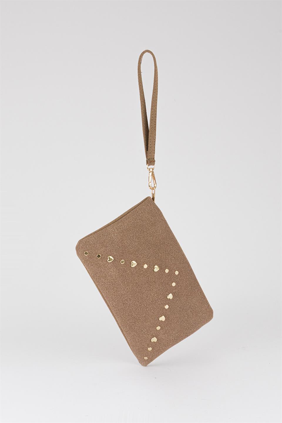 Kalp Troklu Clutch Çanta Vizon