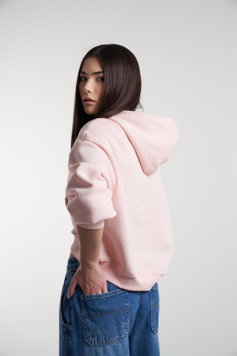 Kapüşonlu Crop Model Şardonlu Sweatshirt Toz Pembe