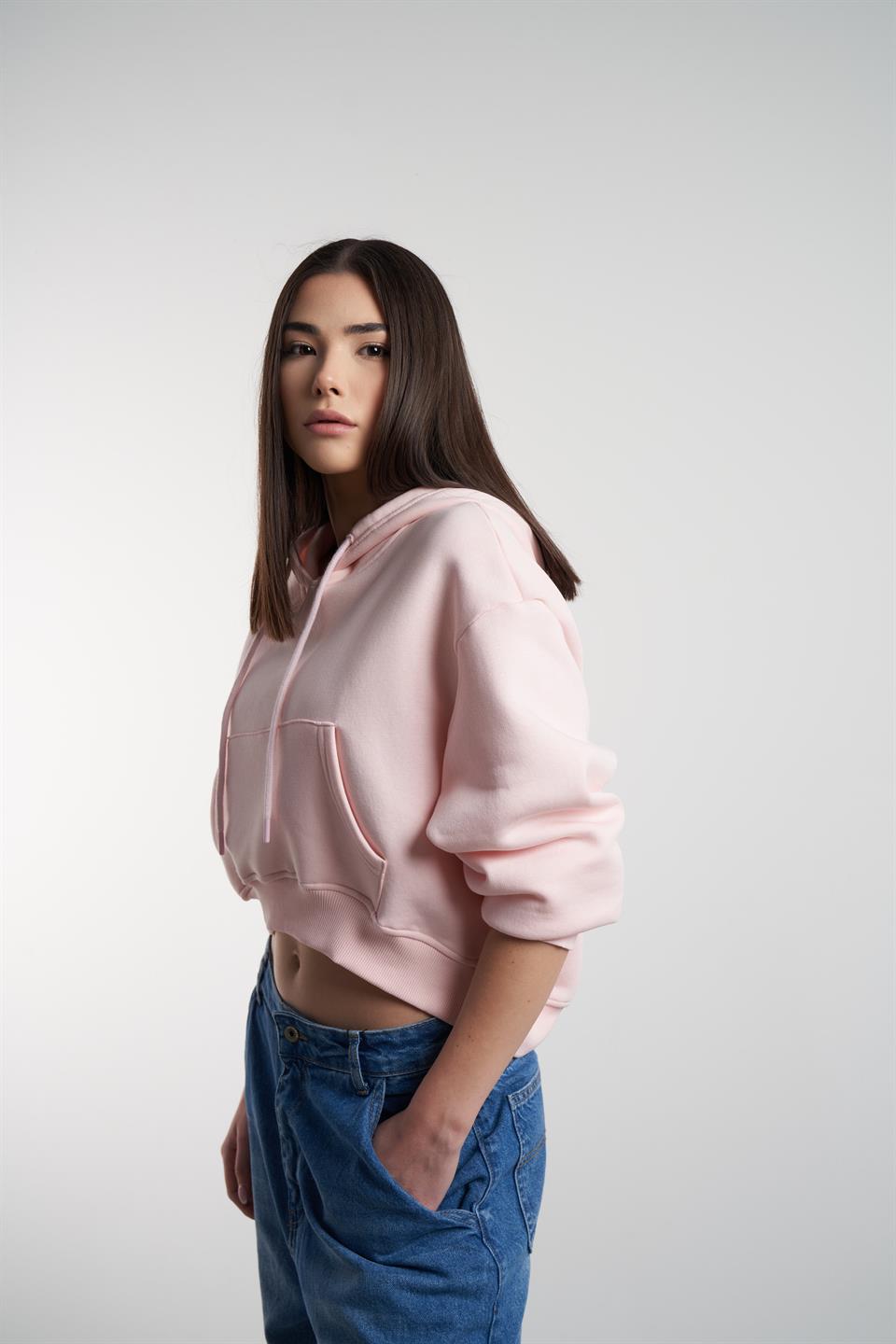 Kapüşonlu Crop Model Şardonlu Sweatshirt Toz Pembe