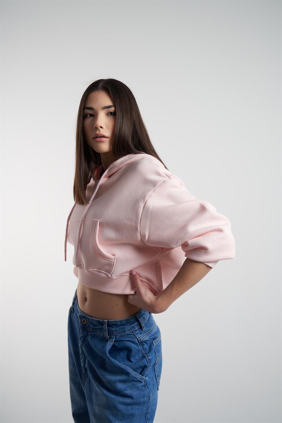 Kapüşonlu Crop Model Şardonlu Sweatshirt Toz Pembe