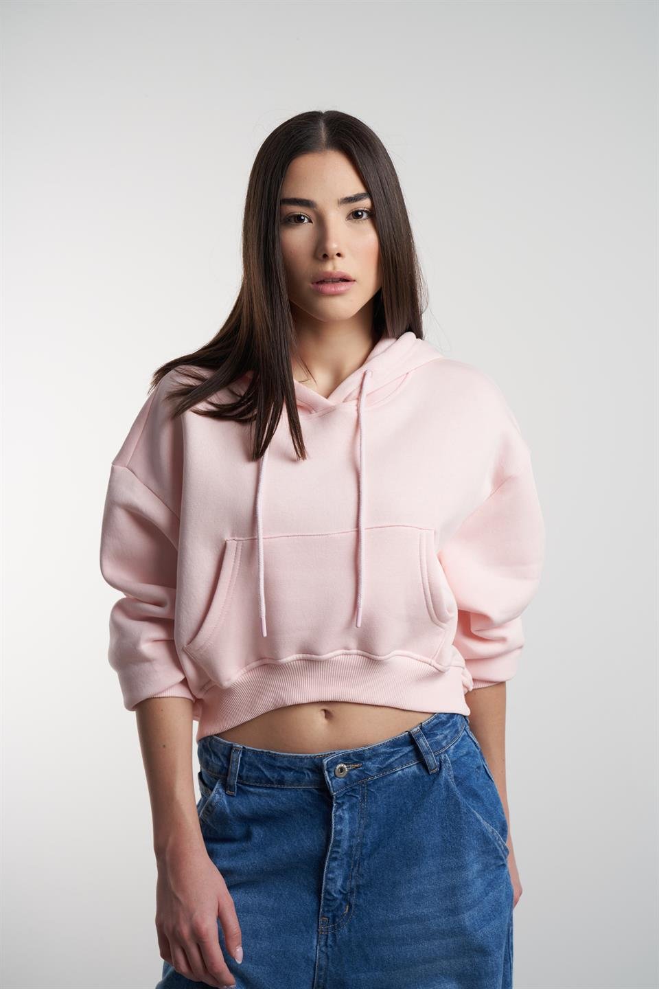 Kapüşonlu Crop Model Şardonlu Sweatshirt Toz Pembe