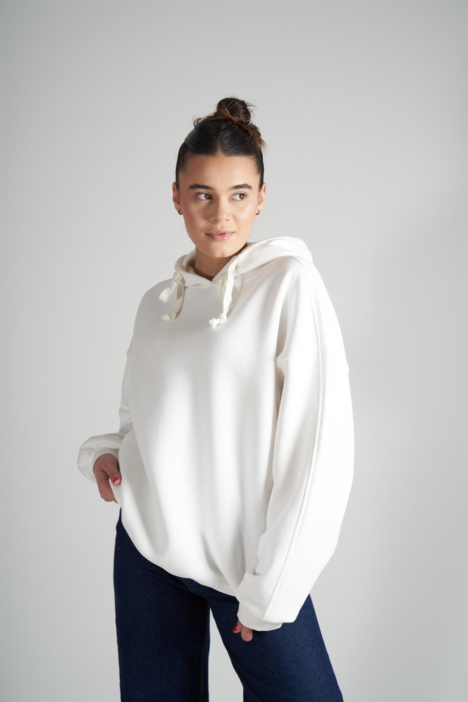 Kapüşonlu Şardonlu Sweatshirt Ekru