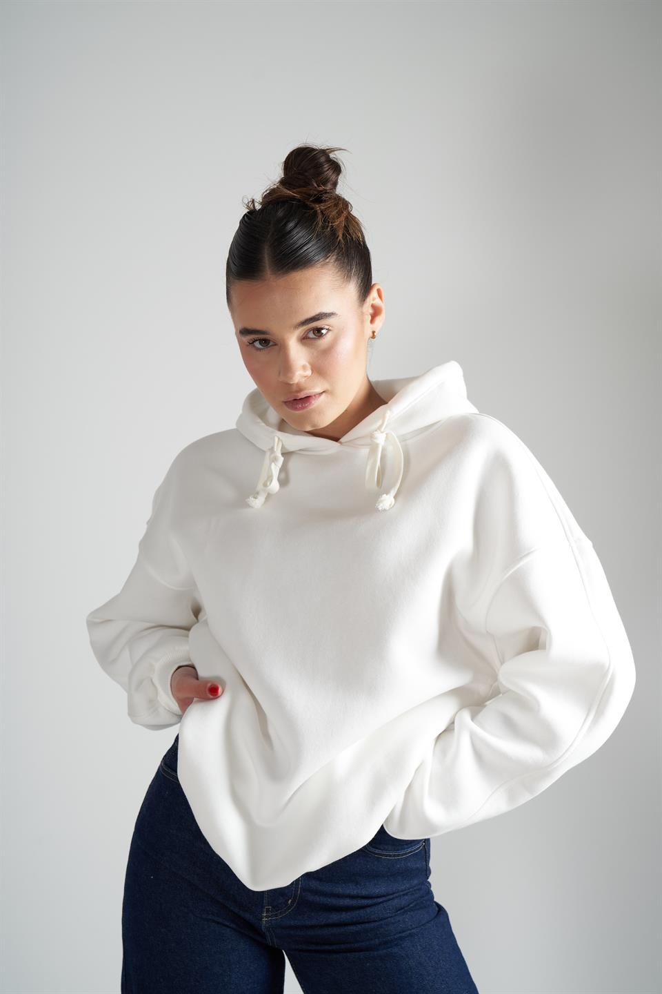 Kapüşonlu Şardonlu Sweatshirt Ekru