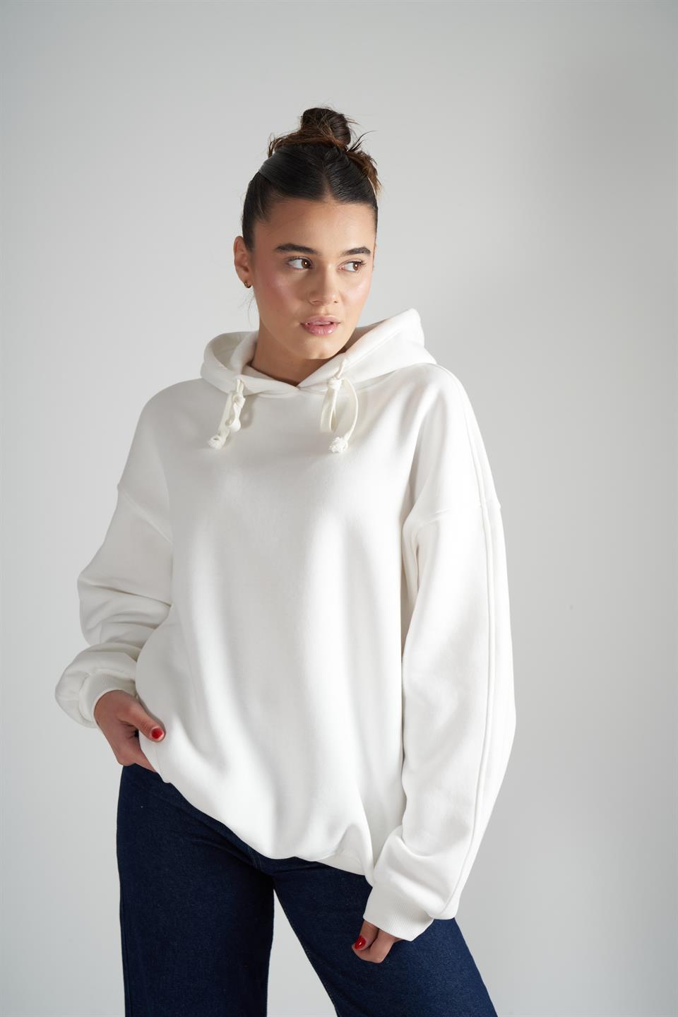 Kapüşonlu Şardonlu Sweatshirt Ekru