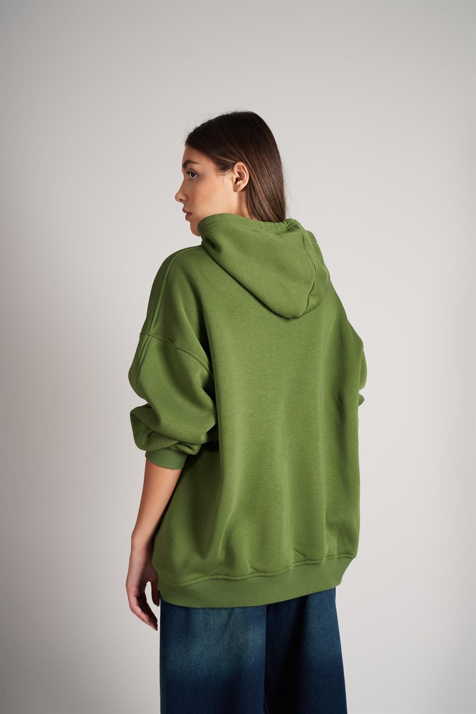 Kapüşonlu Kısa Şardonlu Sweatshirt Yağ Yeşili