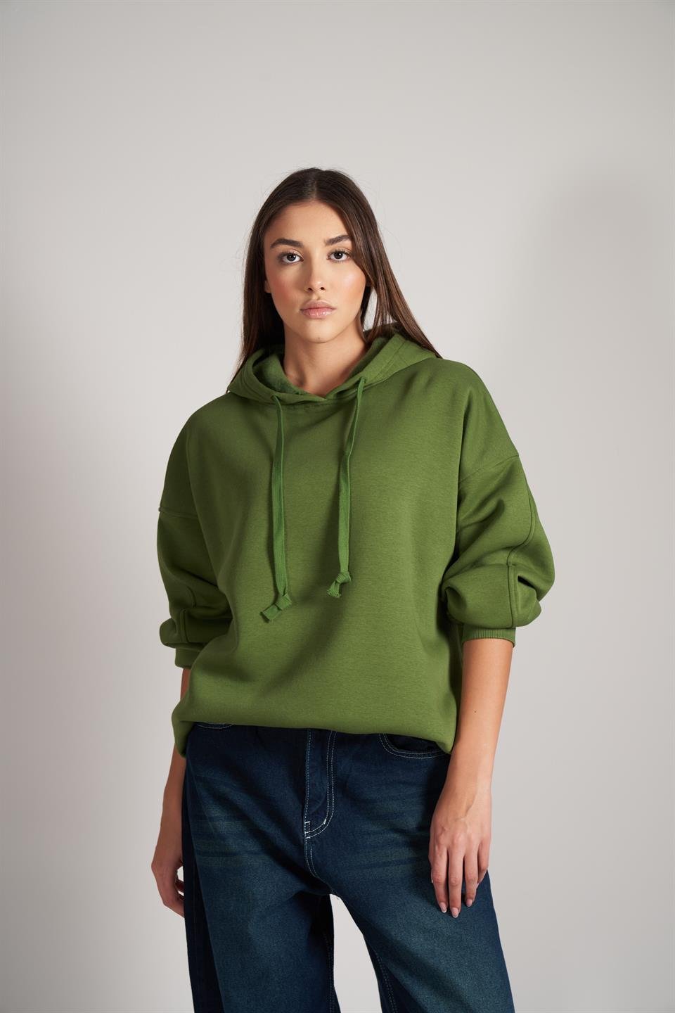 Kapüşonlu Kısa Şardonlu Sweatshirt Yağ Yeşili