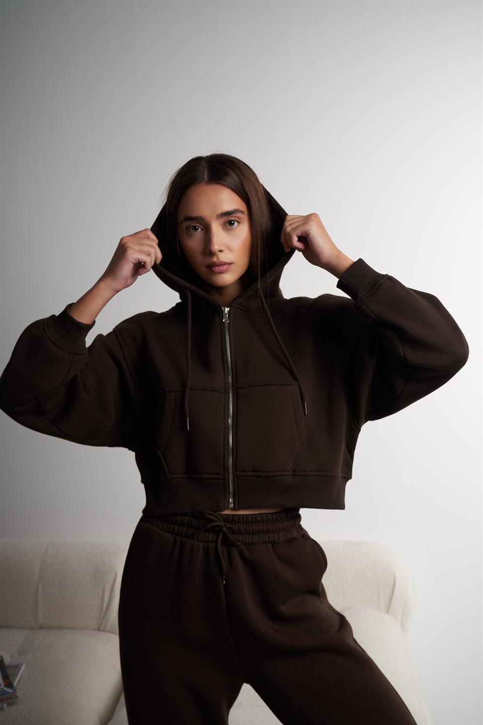 Kapüşonlu Kısa Sweatshirt Ceket Kahve