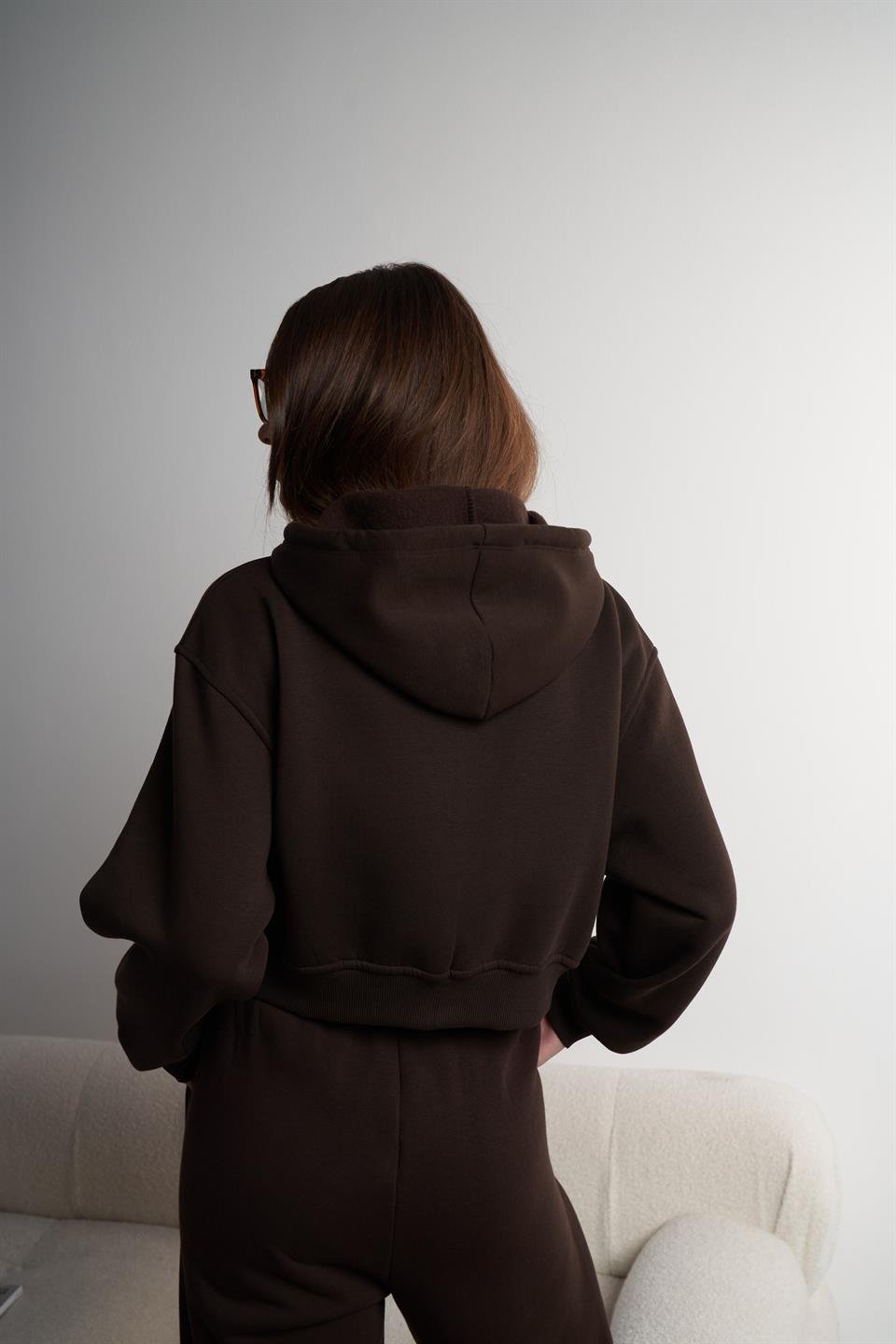 Kapüşonlu Kısa Sweatshirt Ceket Kahve