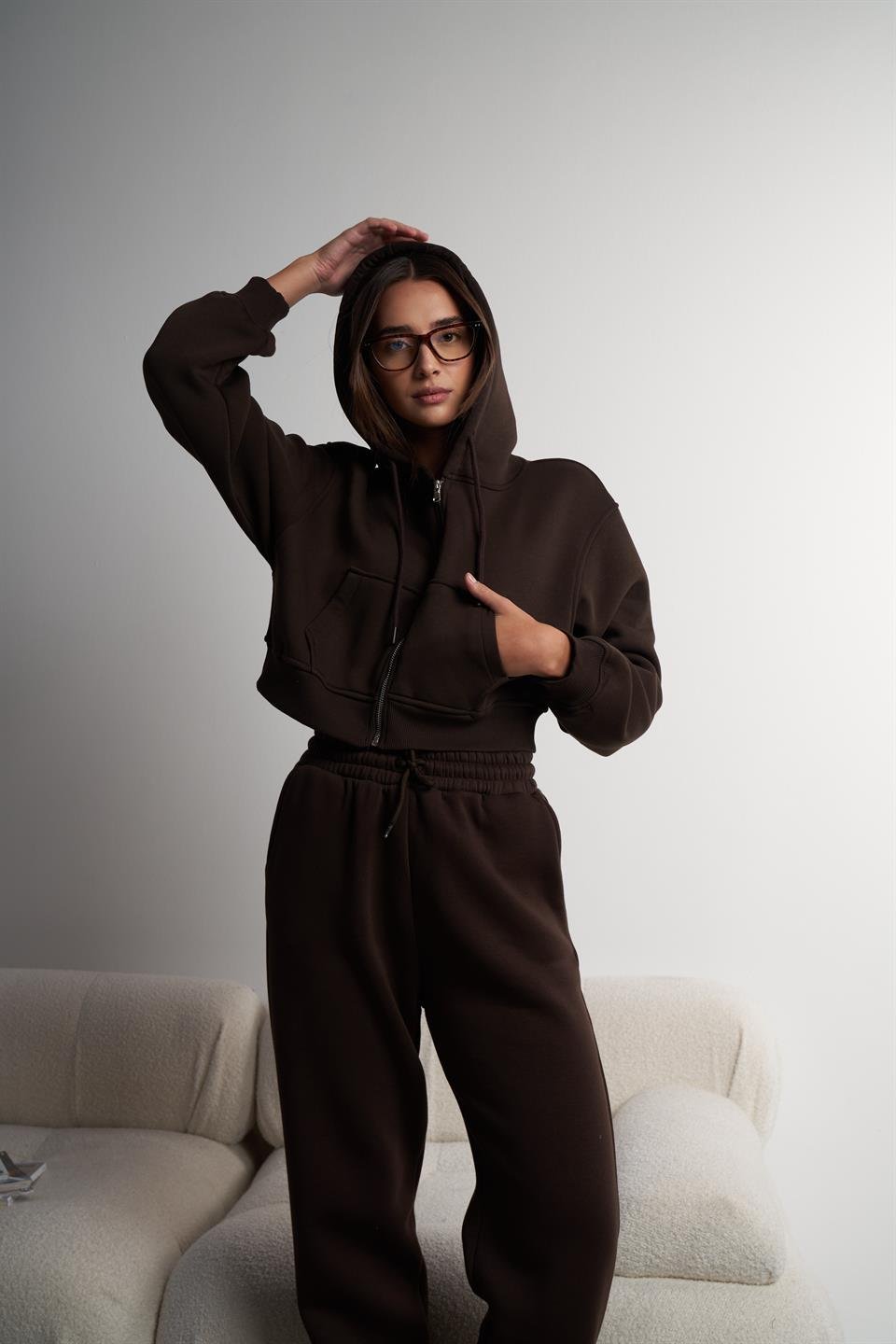 Kapüşonlu Kısa Sweatshirt Ceket Kahve