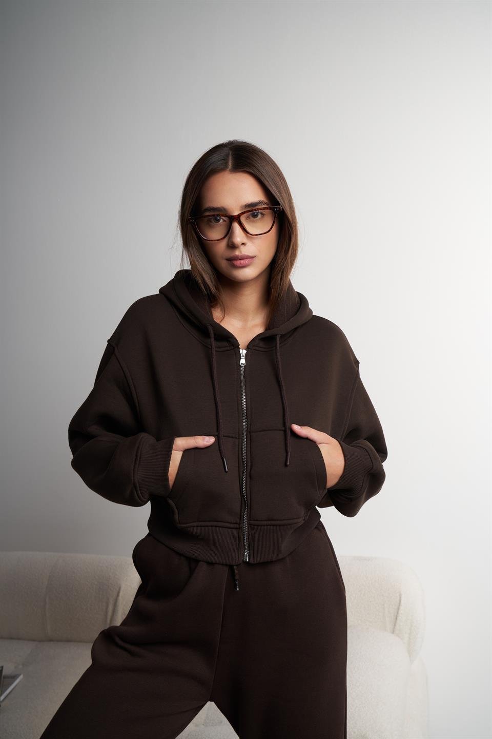 Kapüşonlu Kısa Sweatshirt Ceket Kahve