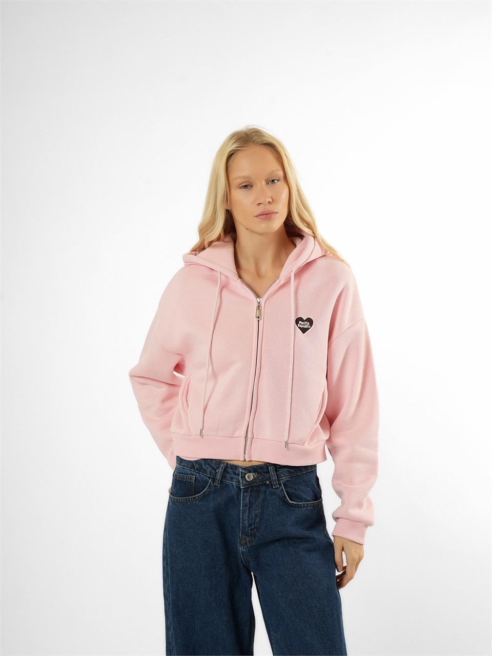 Kapüşonlu Kısa Sweatshirt Toz Pembe
