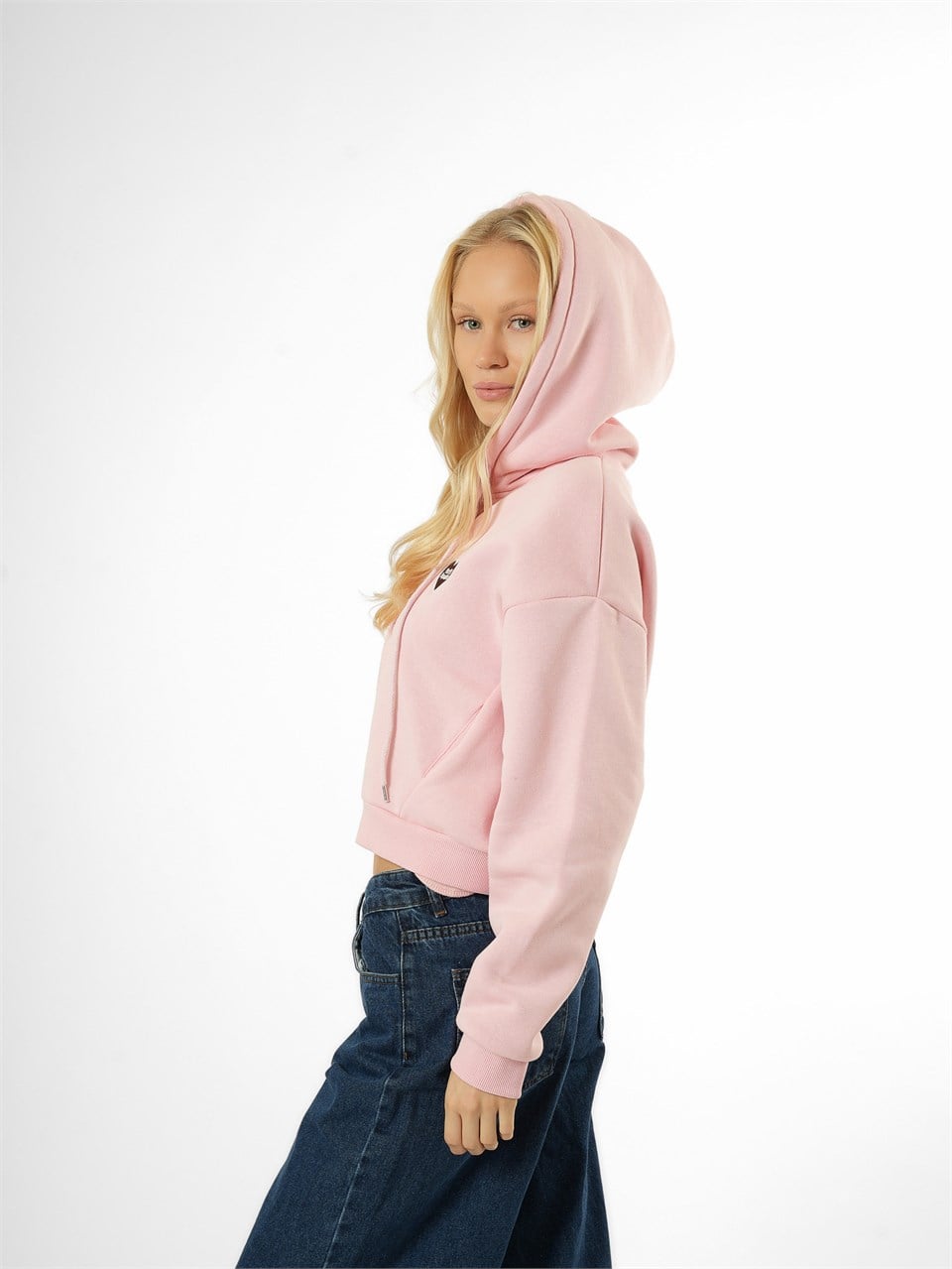 Kapüşonlu Kısa Sweatshirt Toz Pembe