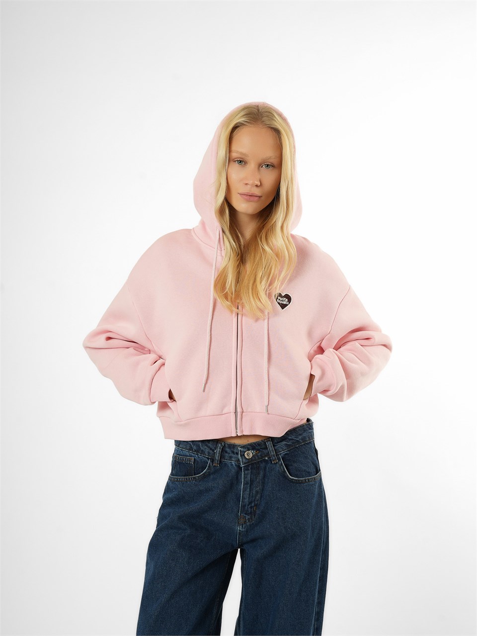 Kapüşonlu Kısa Sweatshirt Toz Pembe
