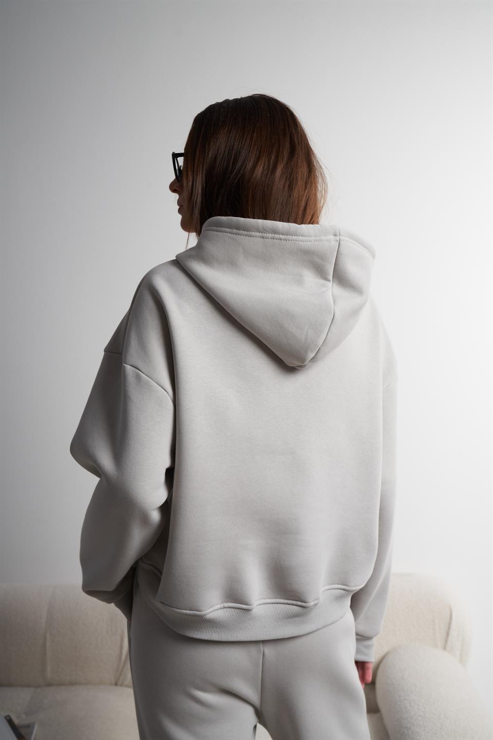 Kapüşonlu Şardonlu Kısa Sweatshirt Açık Gri