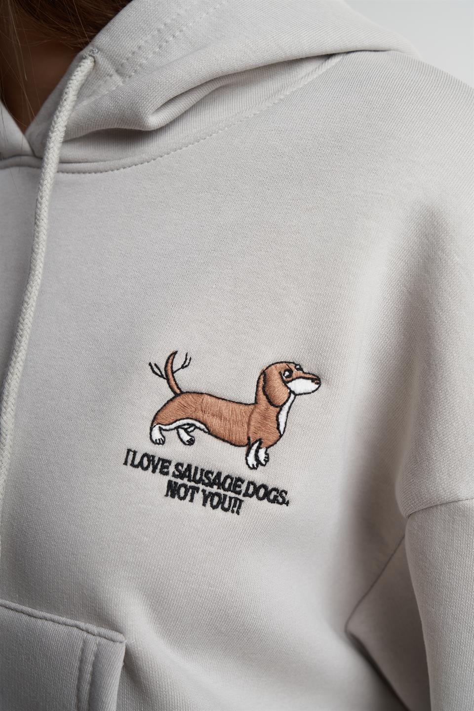 Kapüşonlu Şardonlu Kısa Sweatshirt Açık Gri
