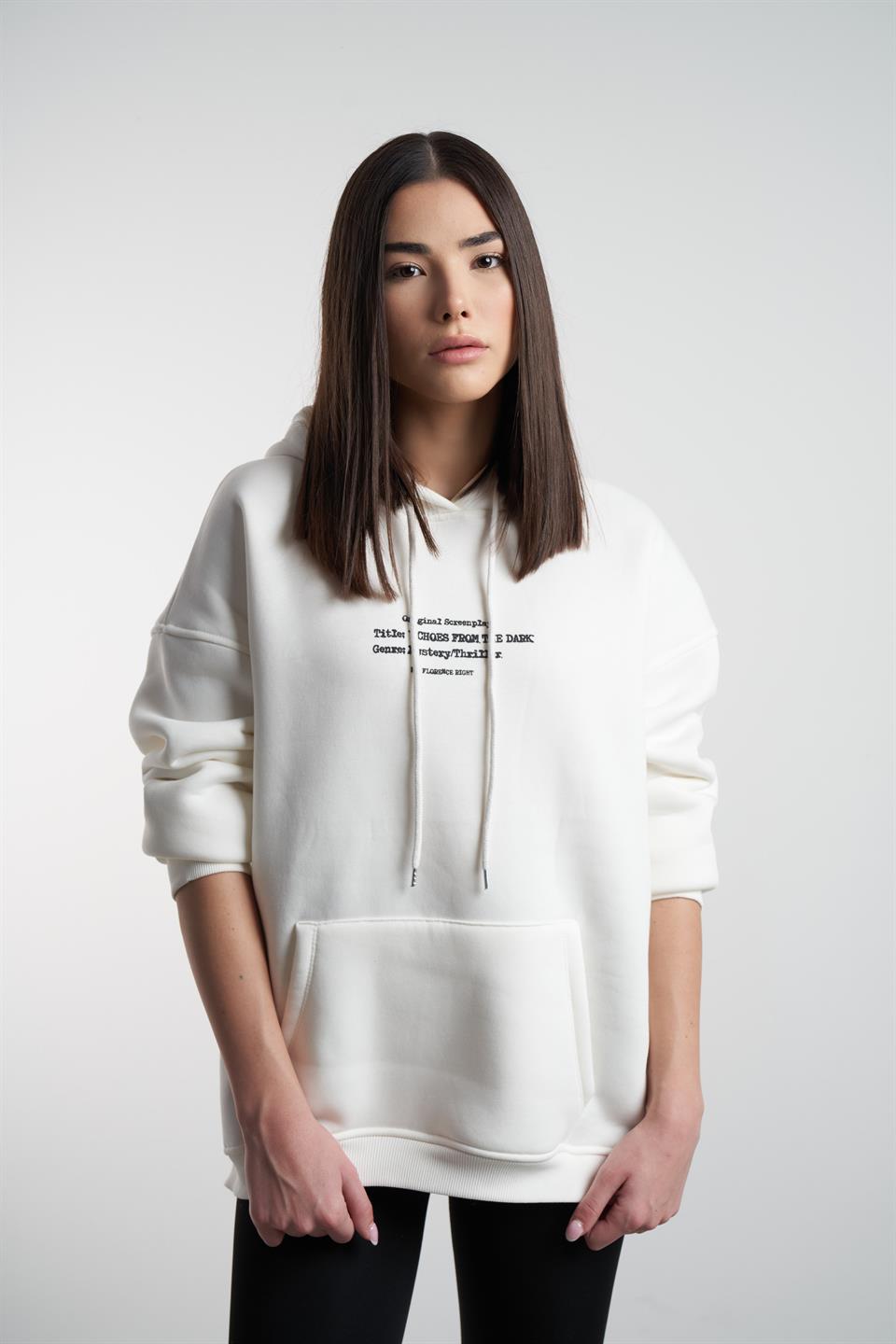 Kapüşonlu Yazı Baskı Şardonlu Sweatshirt Ekru