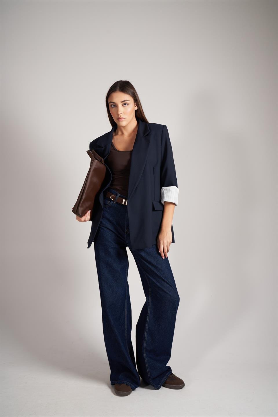 Kol Katlamalı Blazer Ceket Lacivert