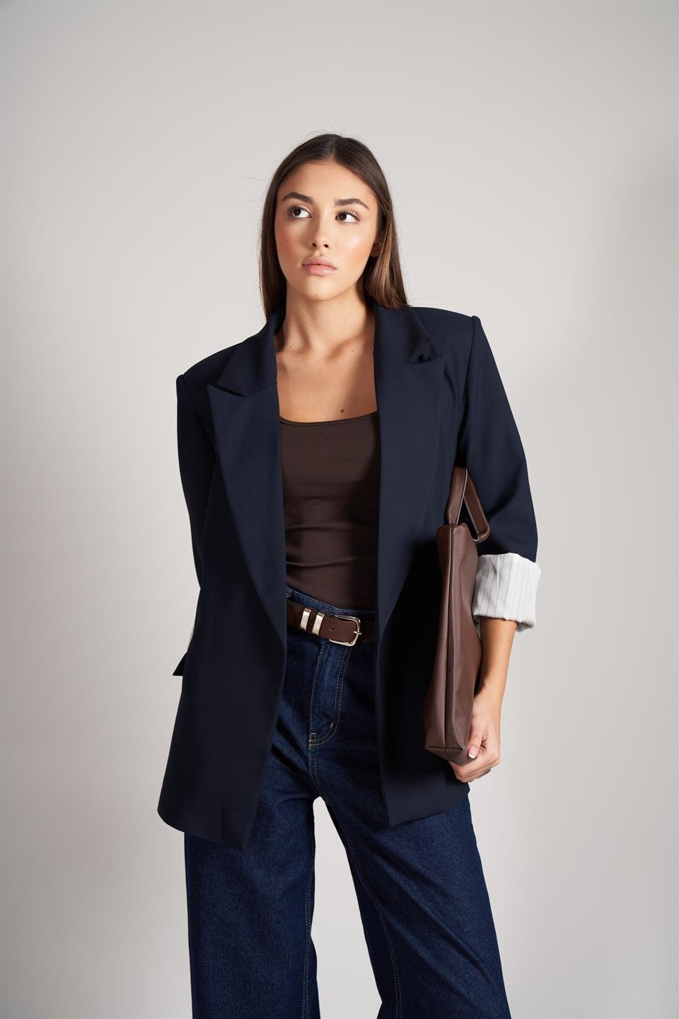 Kol Katlamalı Blazer Ceket Lacivert