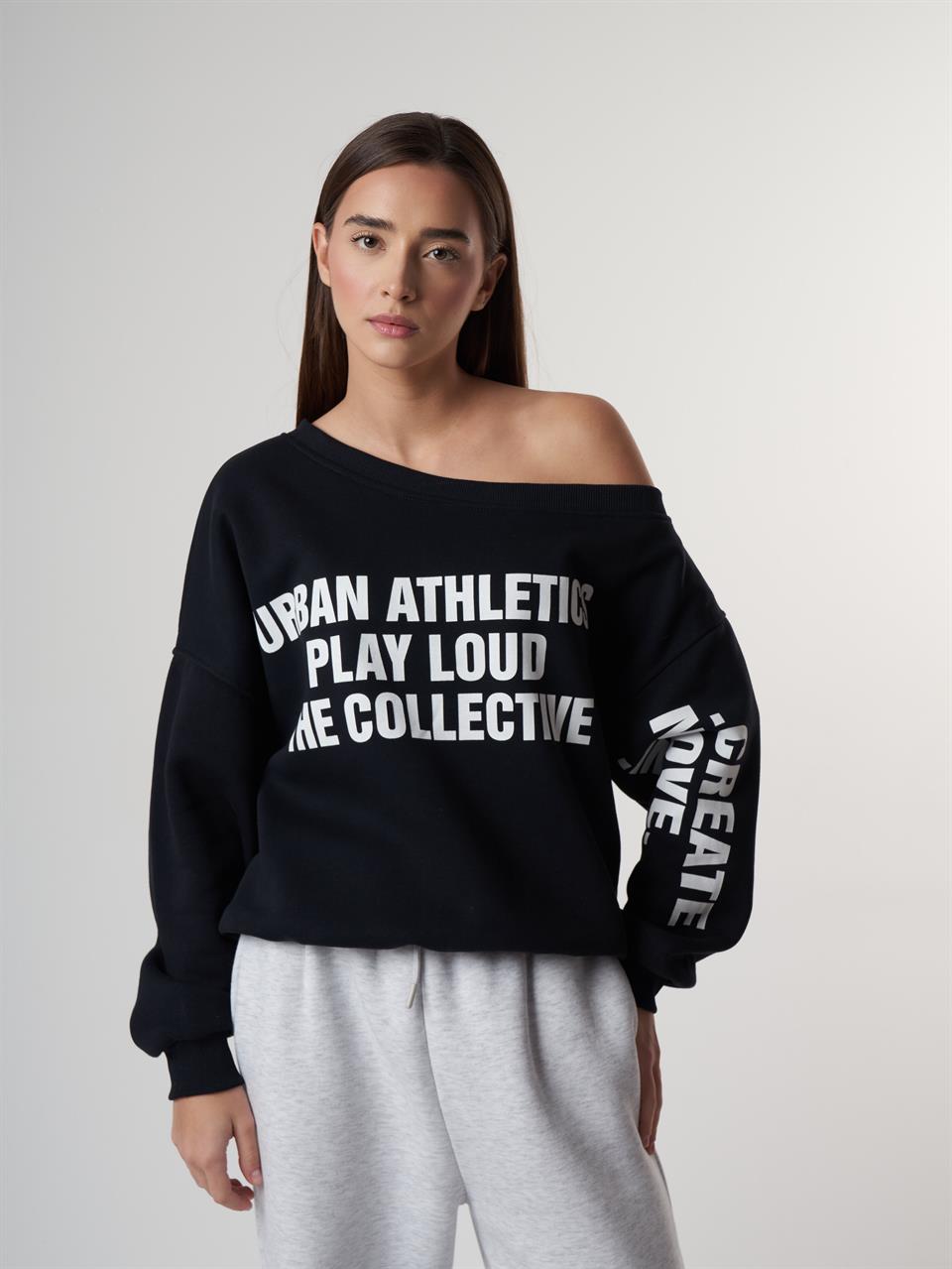 Kayık Yaka Şardonlu Sweatshirt Koyu Lacivert