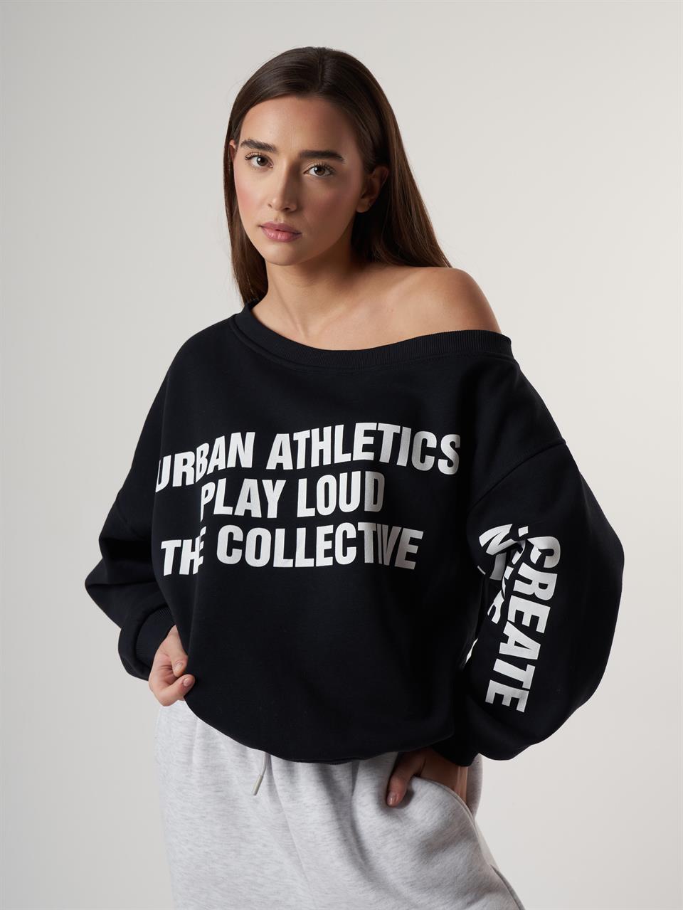 Kayık Yaka Şardonlu Sweatshirt Koyu Lacivert