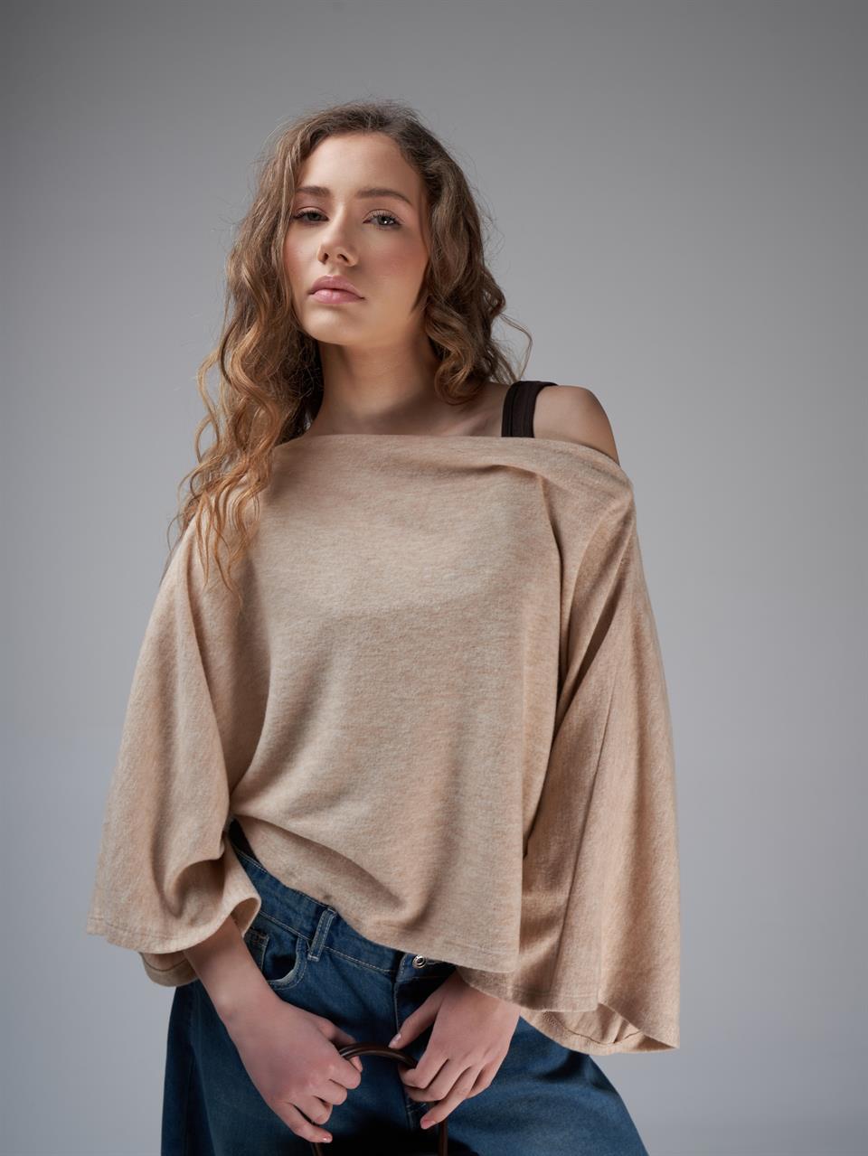 Kayık Yaka Yarasa Kol Bluz Bej Melanj