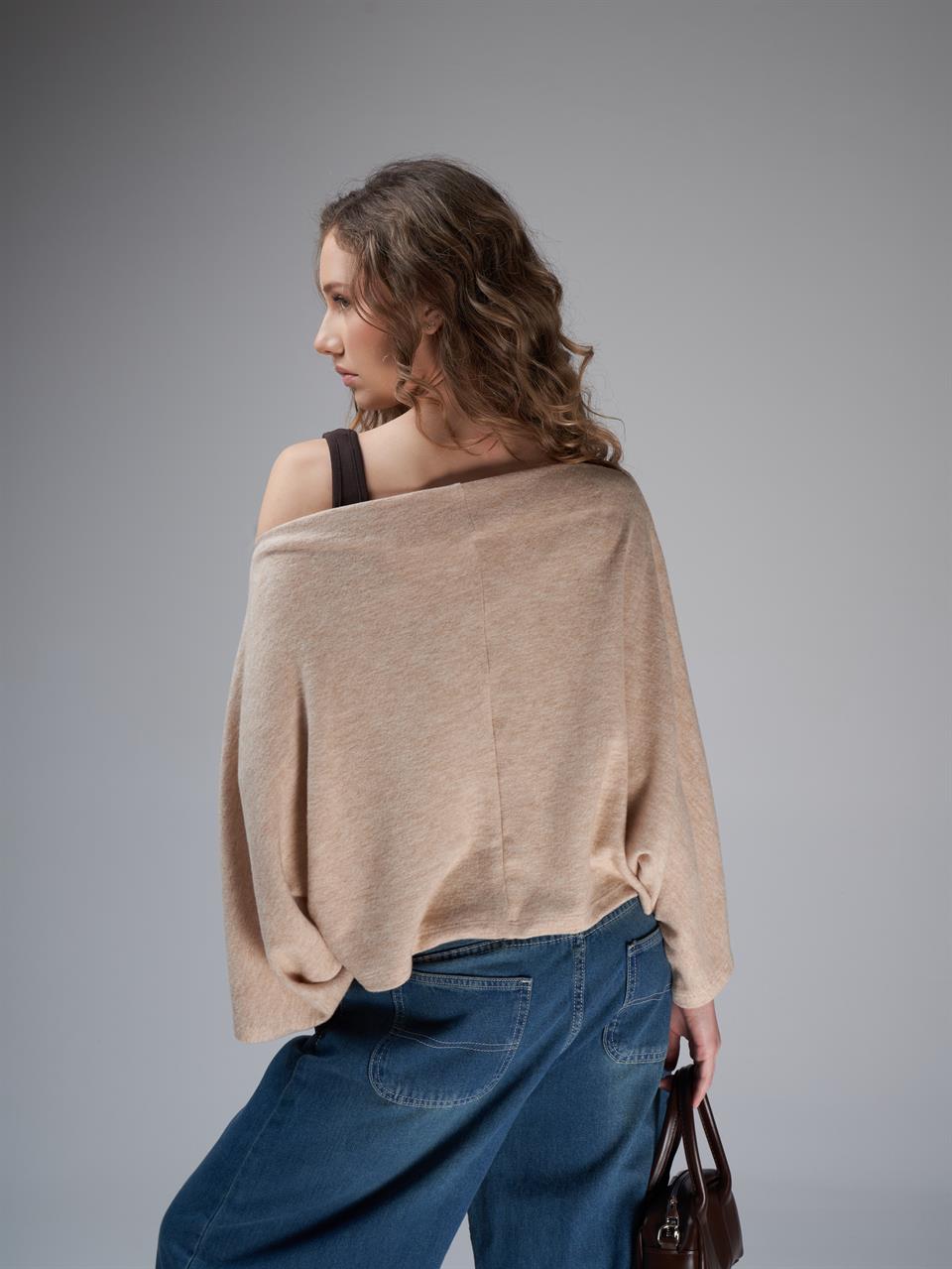 Kayık Yaka Yarasa Kol Bluz Bej Melanj